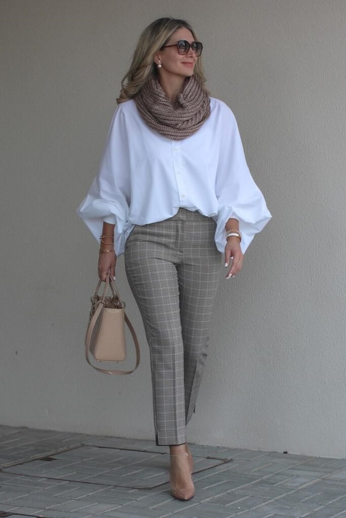 White Oversized Bishop Sleeve Shirt + Plaid Tapered Trousers + Tan Pointed-Toe Heels + Brown Knit Infinity Scarf
