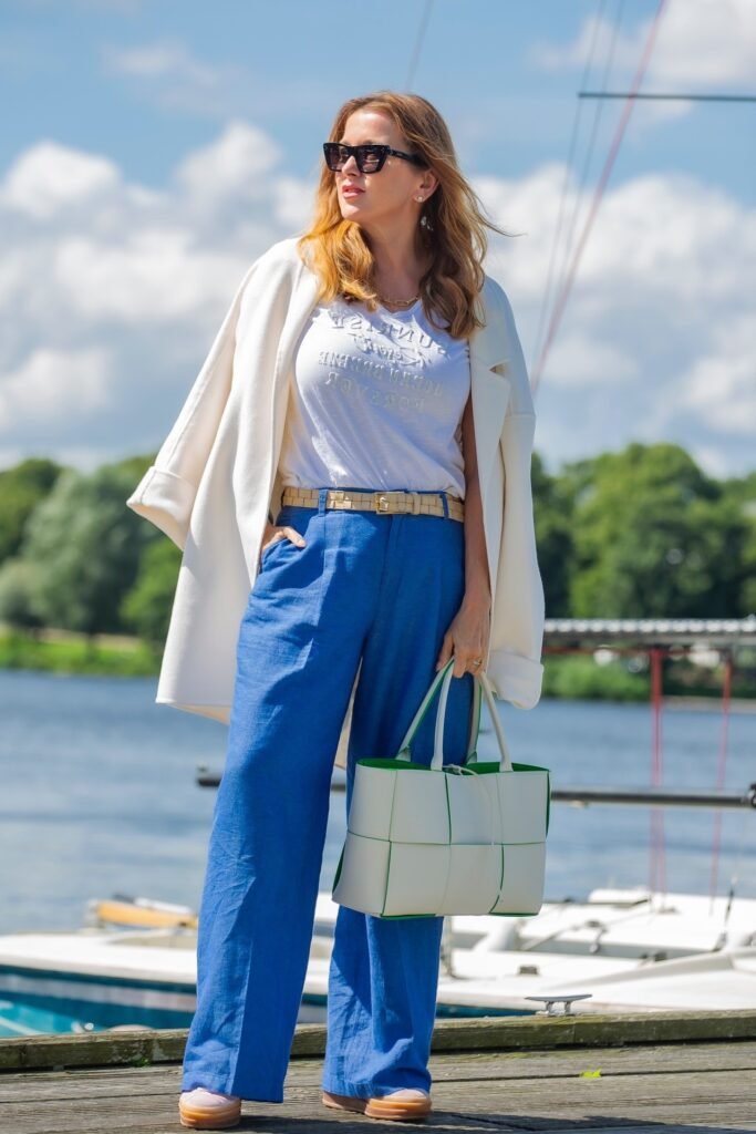 White Oversized Blazer + White Graphic T-Shirt + Royal Blue Wide-Leg Linen Trousers + Pink Platform Sneakers
