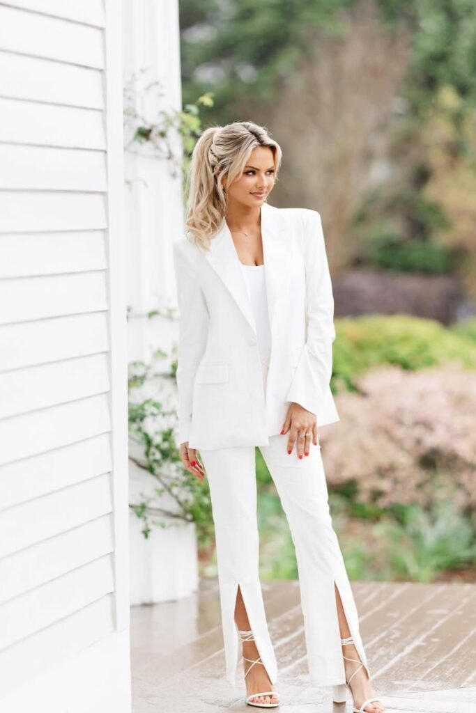 White Oversized Blazer + White Wide-Leg Slit Trousers + White Strappy Heeled Sandals