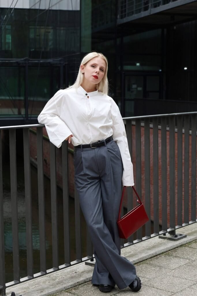 White Oversized Button-Down Shirt + Charcoal Grey Trousers + Black Platform Boots