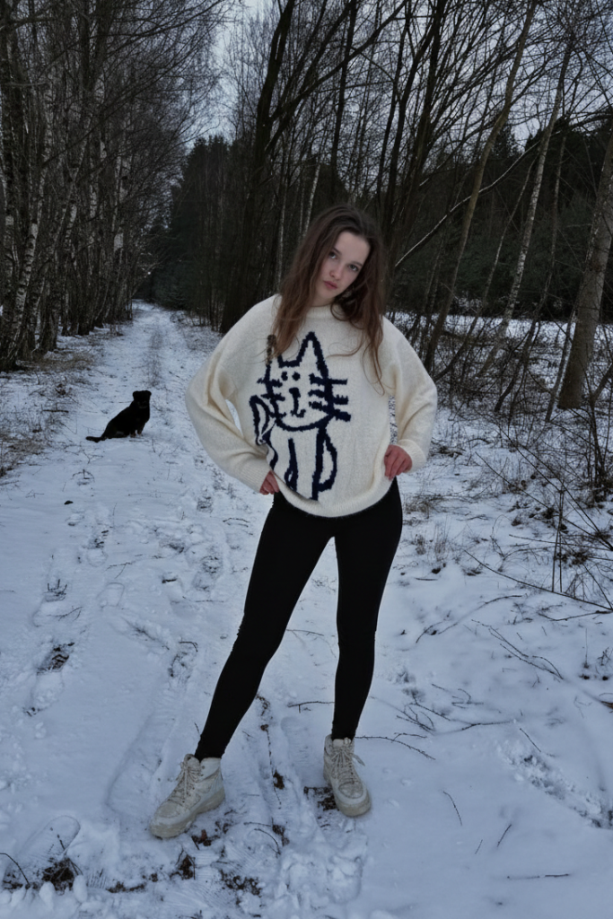 White Oversized Cat Graphic Sweater + Black Leggings + Cream Faux-Fur Lined Boots
