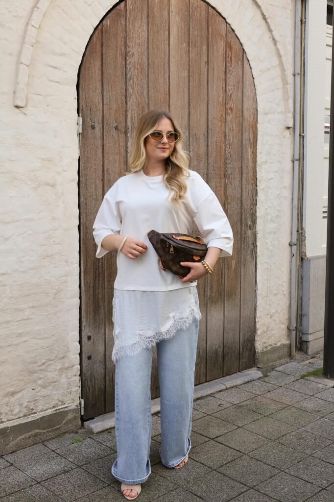 White Oversized Tee with Lace Hem + Light Wash Straight-Leg Jeans + Beige Open-Toe Heels