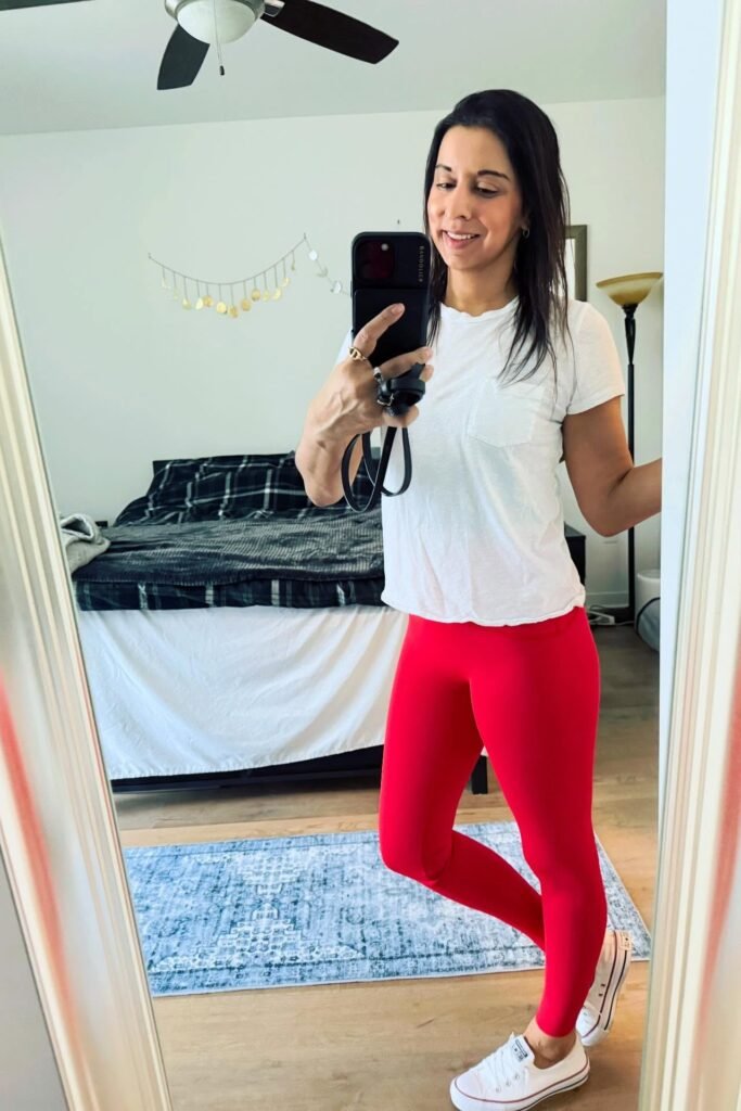 White Pocket Tee + Bright Red Leggings + White Low-Top Sneakers