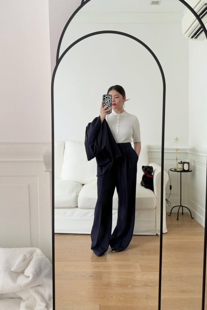 White Polo Shirt + Black Wide-Leg Trousers + Black Blazer