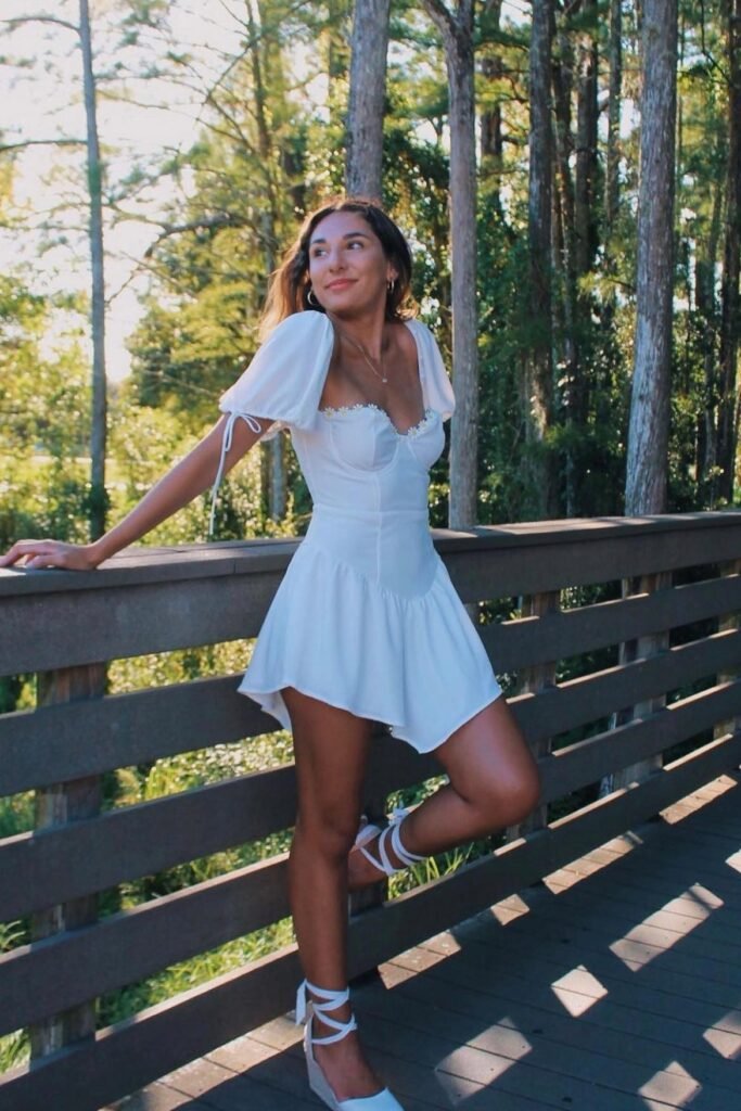 White Puff-Sleeve Bustier Mini Dress + White Lace-Up Wedge Espadrilles