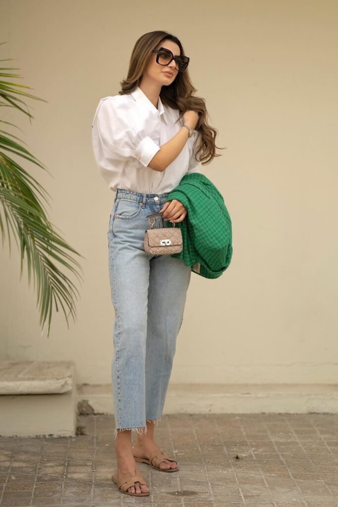 White Puff-Sleeve Button-Down + Light Wash Straight-Leg Jeans + Tan Slides + Green Tweed Jacket