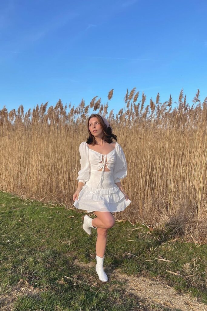 White Puff-Sleeve Cut-Out Mini Dress + White Pointed-Toe Ankle Boots