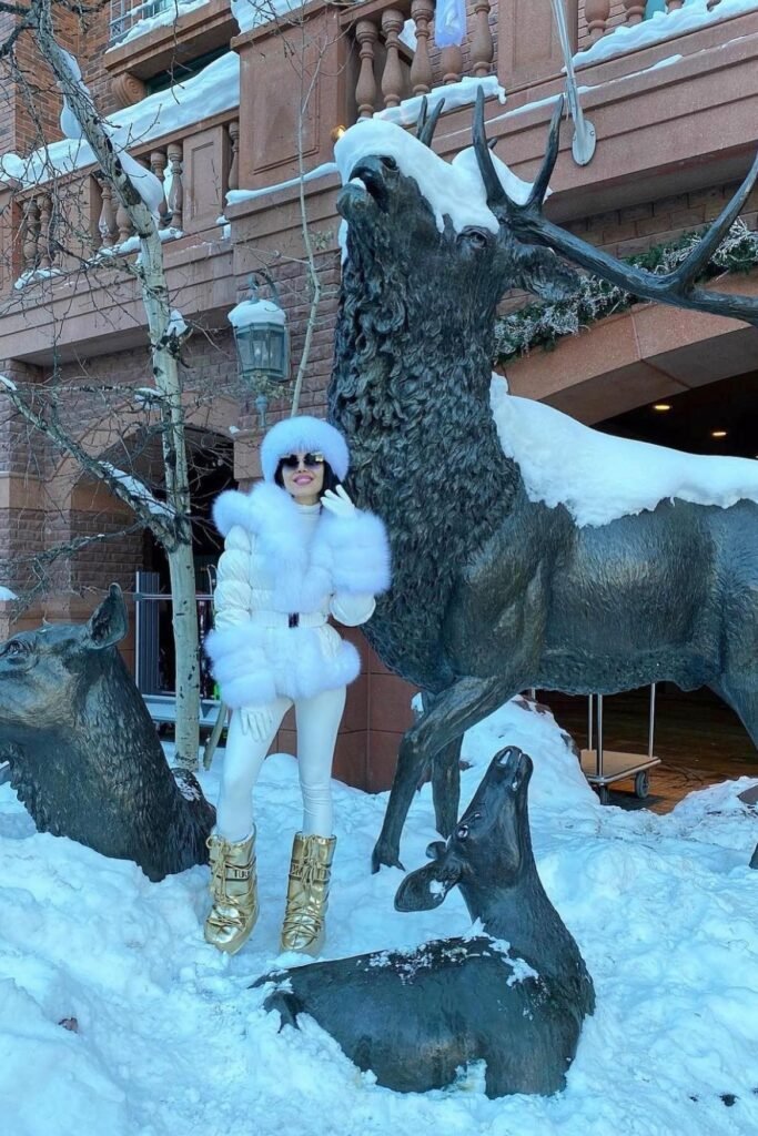 White Puffer Jacket with Fur Trim + White Skinny Pants + Gold Moon Boots