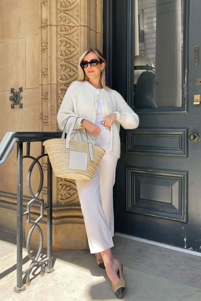 White Ribbed Cardigan + White T-Shirt + White Cropped Trousers