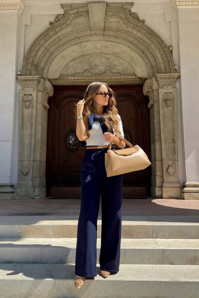 White Ribbed Top with Navy Sweater Over Shoulders + Navy Wide-Leg Trousers + Tan Pointed Flats