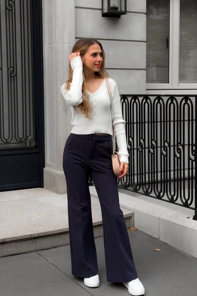 White Ribbed V-Neck Cardigan + Navy Pinstripe Wide-Leg Trousers + White Platform Sneakers