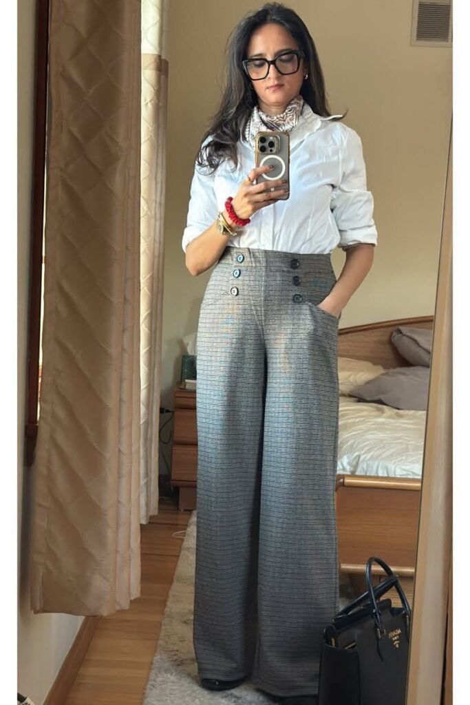 White Rolled-Sleeve Button-Down + Plaid High-Waisted Wide-Leg Trousers + Black Boots