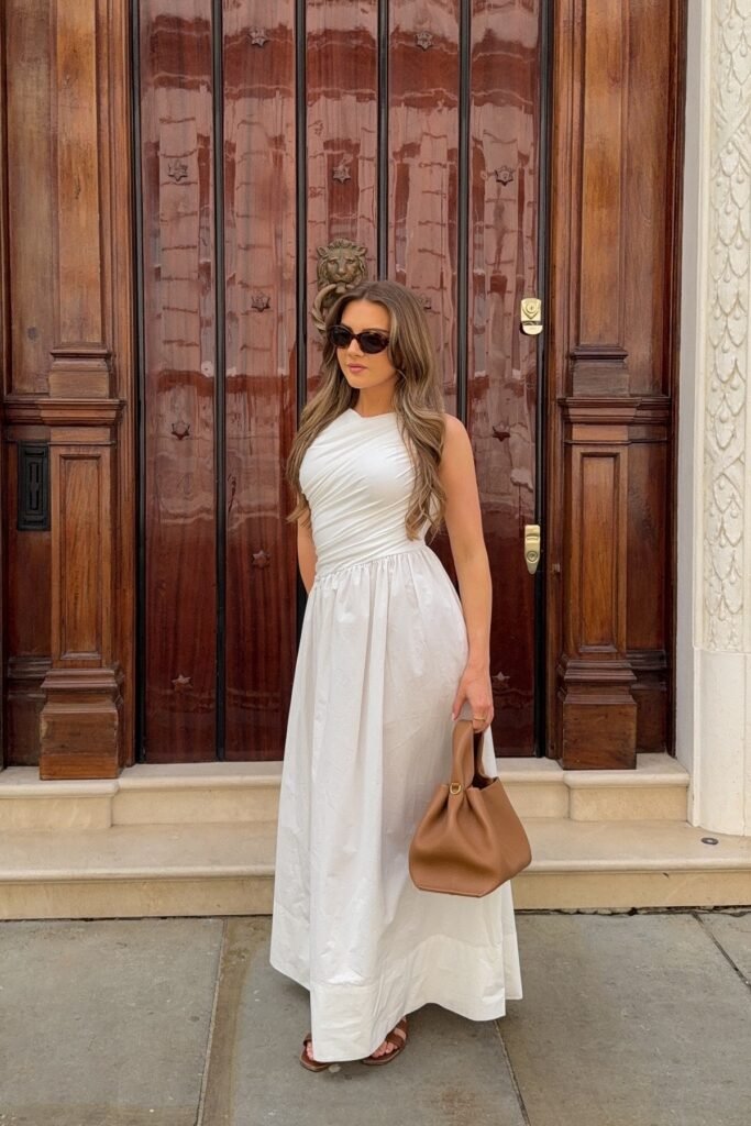 White Ruched Halter Maxi Dress + Brown Leather Handbag + Brown Sandals