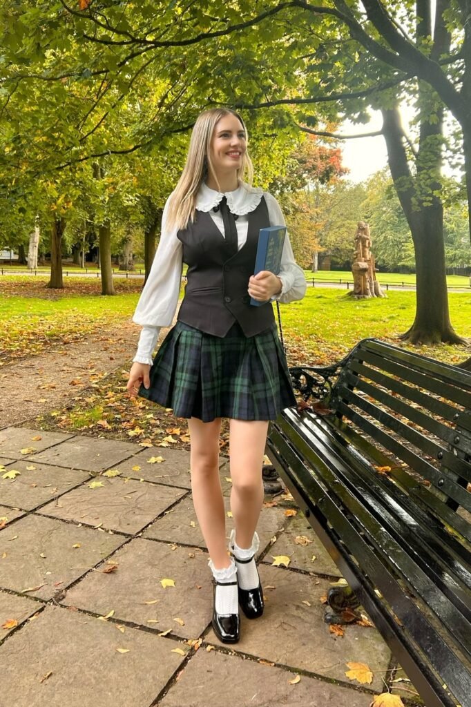 White Ruffle Blouse + Black Vest + Green Plaid Skirt + Black Mary Janes