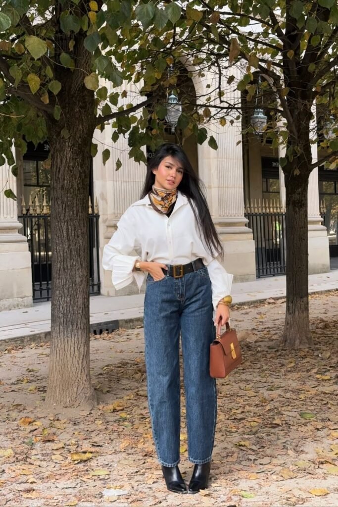 White Ruffle-Cuff Shirt + Dark Wash Barrel Jeans + Black Ankle Boots