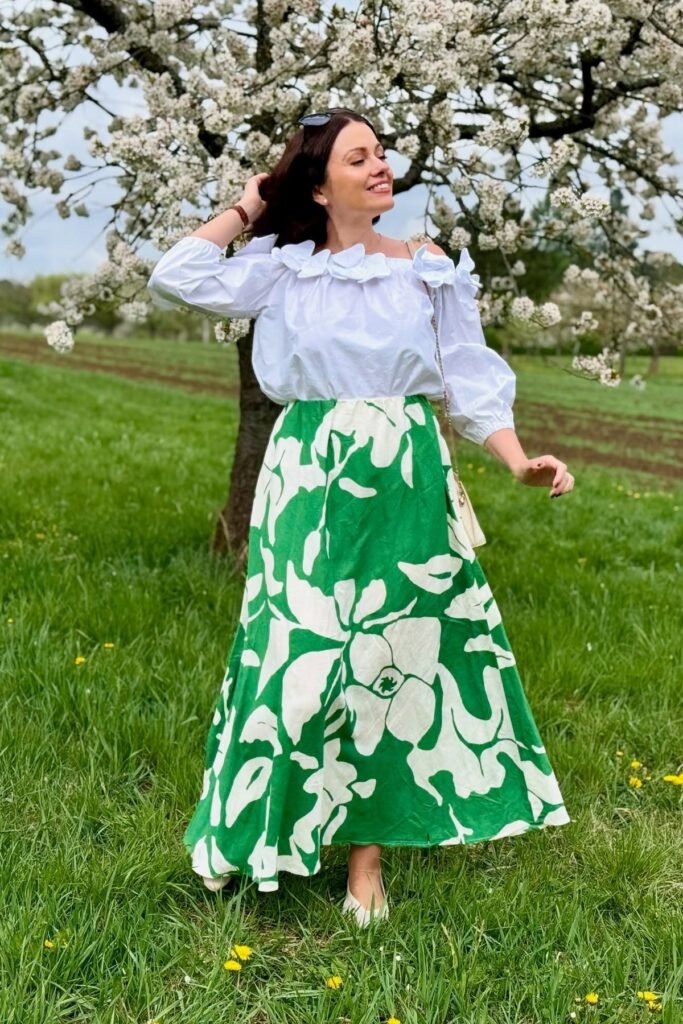 White Ruffle Off-The-Shoulder Blouse + Green & White Floral Maxi Skirt + White Pointed Flats