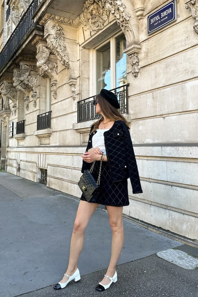 White Ruffle Top + Quilted Black Jacket & Skirt Set + Black Beret + Two-Tone Mary Janes