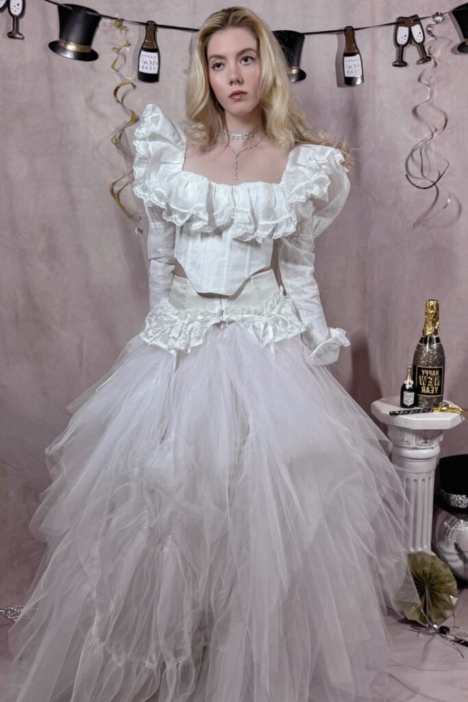 White Ruffled Lace Corset Top + Layered White Tulle Maxi Skirt + Silver Pendant Necklace