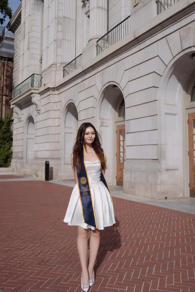 White Satin Fit-and-Flare Mini Dress + Graduation Stole + White Embellished Heels