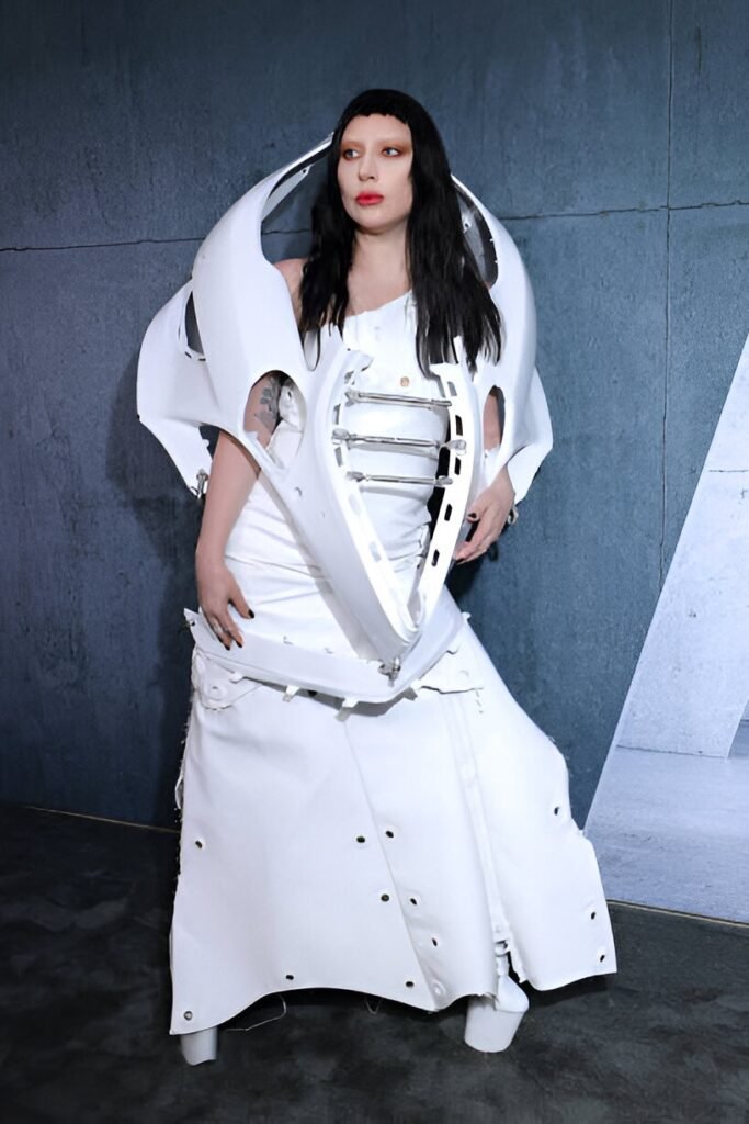 White Sculptural Cut-out Bodice + White Wrap Maxi Skirt + White Platform Boots