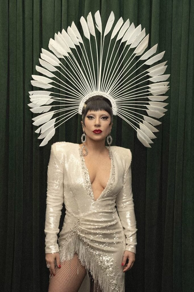 White Sequin Mini Dress with Fringe + White Feather Fan Headdress + Fishnet Stockings