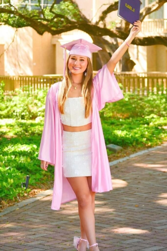 White Sequin Two-Piece Set + Pink Graduation Gown & Cap + Pink Bow Heels