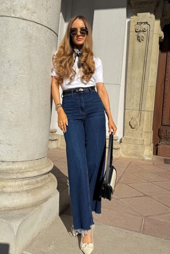 White Short-Sleeve Knit + Dark Wash Wide-Leg Jeans + White Pointed Toes + Silk Neck Scarf