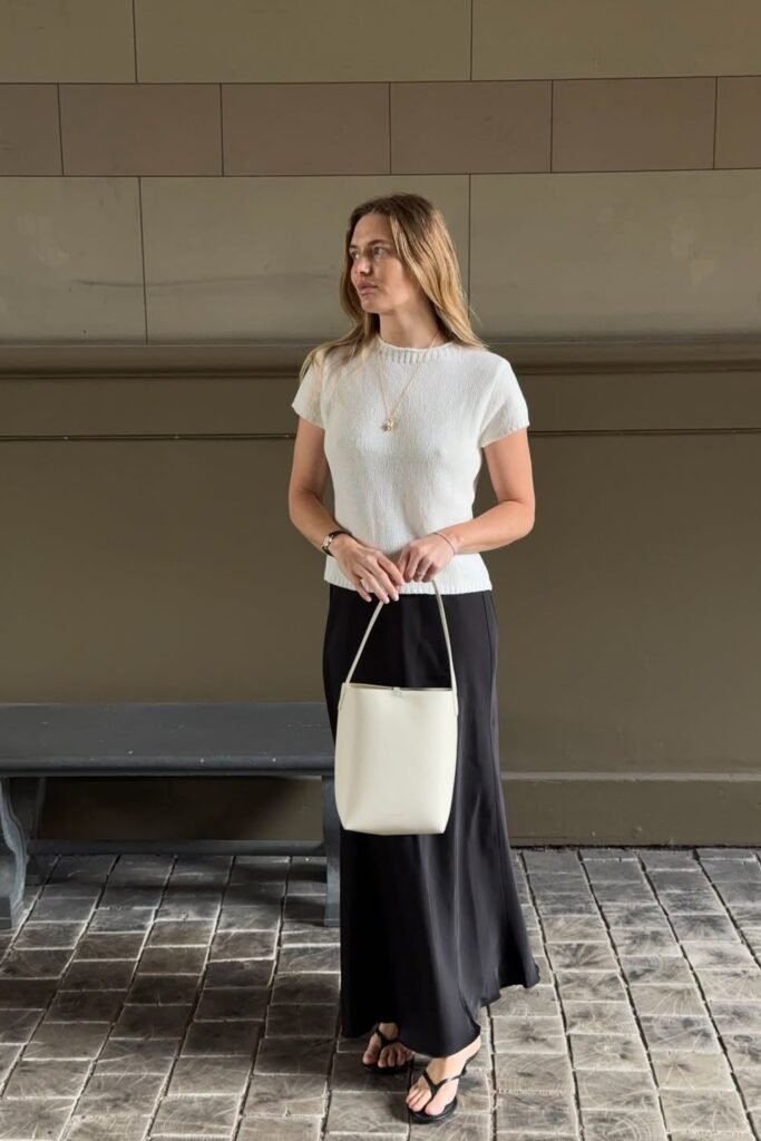 White Short-Sleeve Knit Top + Black Maxi Skirt + Black Thong Sandals