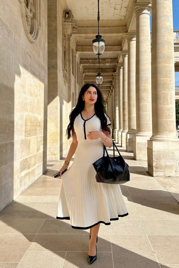White Short-Sleeve Midi Dress with Black Trim + Large Black Leather Tote + Black Pointed-Toe Pumps