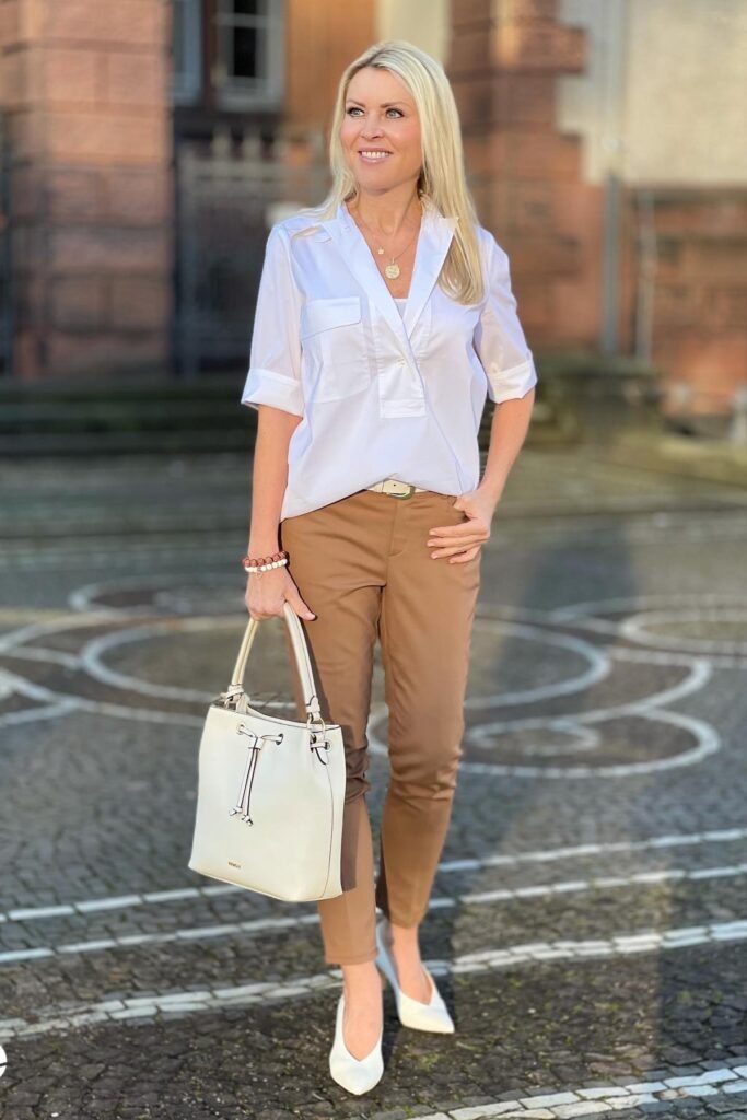 White Short-Sleeve Popover Blouse + Camel Slim-Fit Chinos + White Pointed-Toe V-Cut Flats