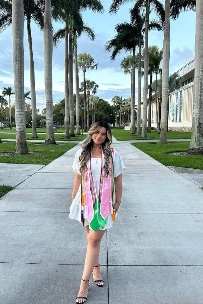White Short-Sleeve Tiered Dress + Multicolored Graduation Stoles + Black Embellished Strappy Heels