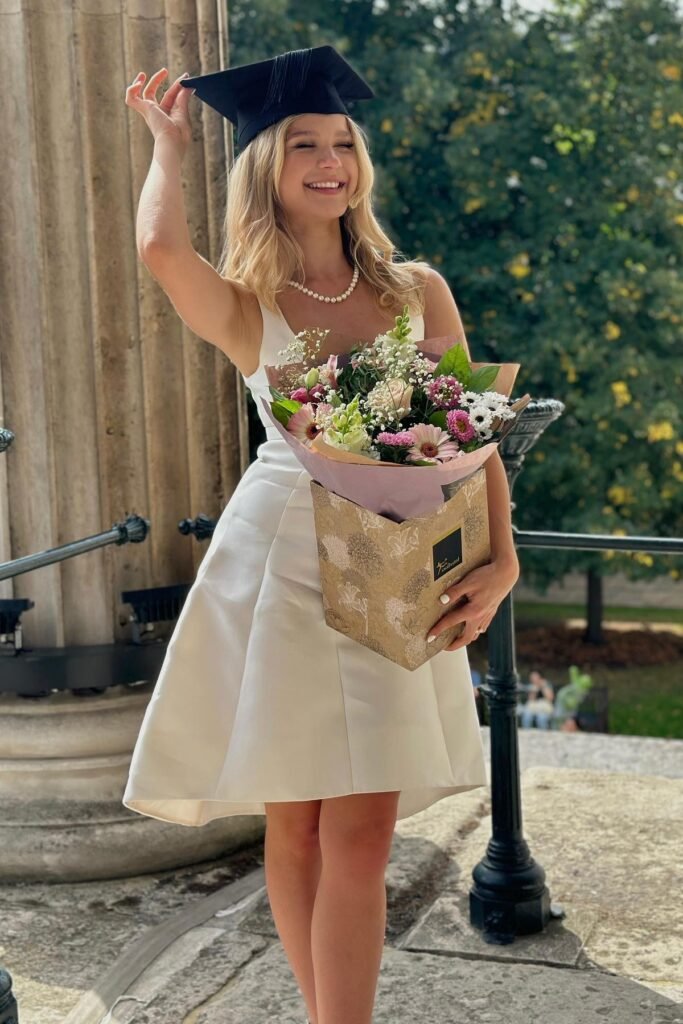 White Sleepless Fit-and-Flare Dress + Black Graduation Cap + Pearl Necklace