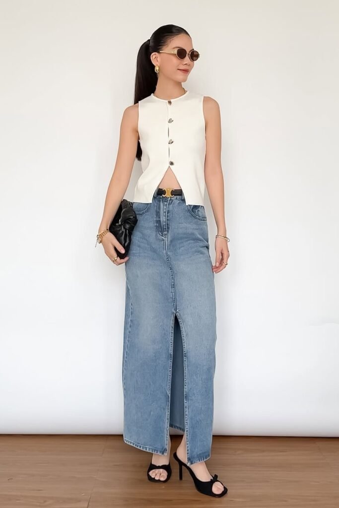 White Sleeveless Button-Down Top + Long Denim Maxi Skirt + Black Bow Mules