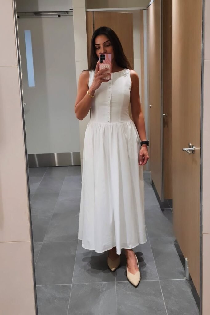White Sleeveless Button-Front Maxi Dress + Nude Pointed-Toe Flats