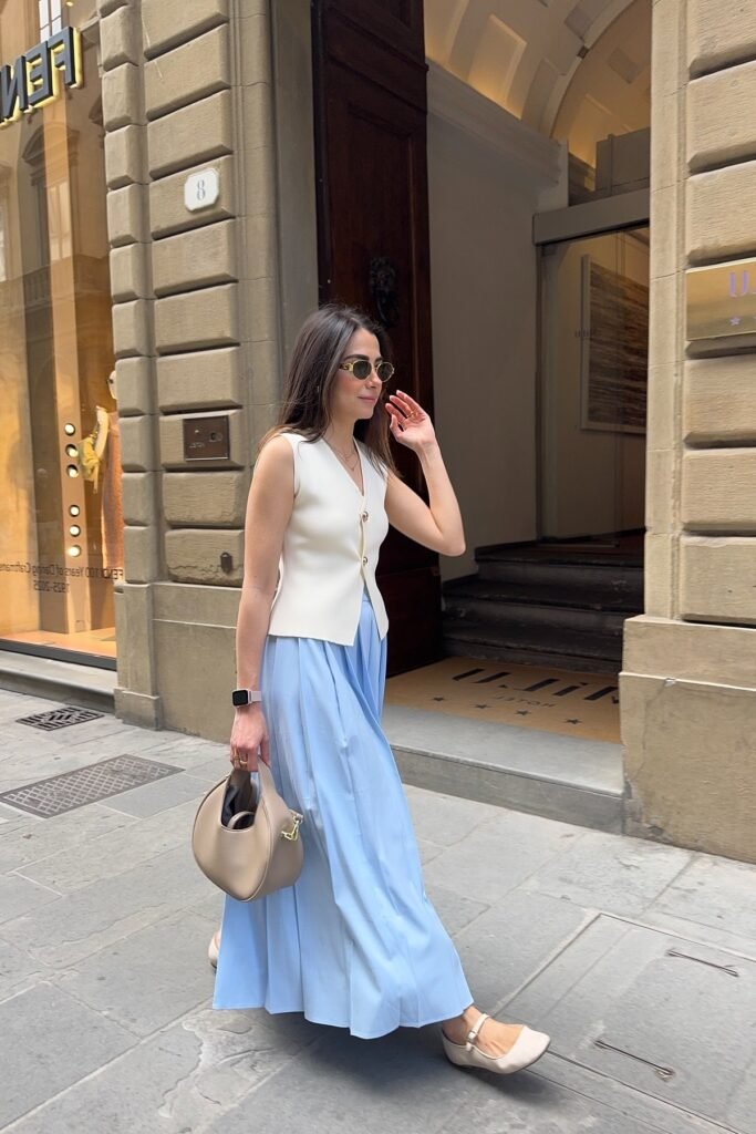 White Sleeveless Button-Up Vest + Light Blue Pleated Maxi Skirt + Cream Mary Jane Flats