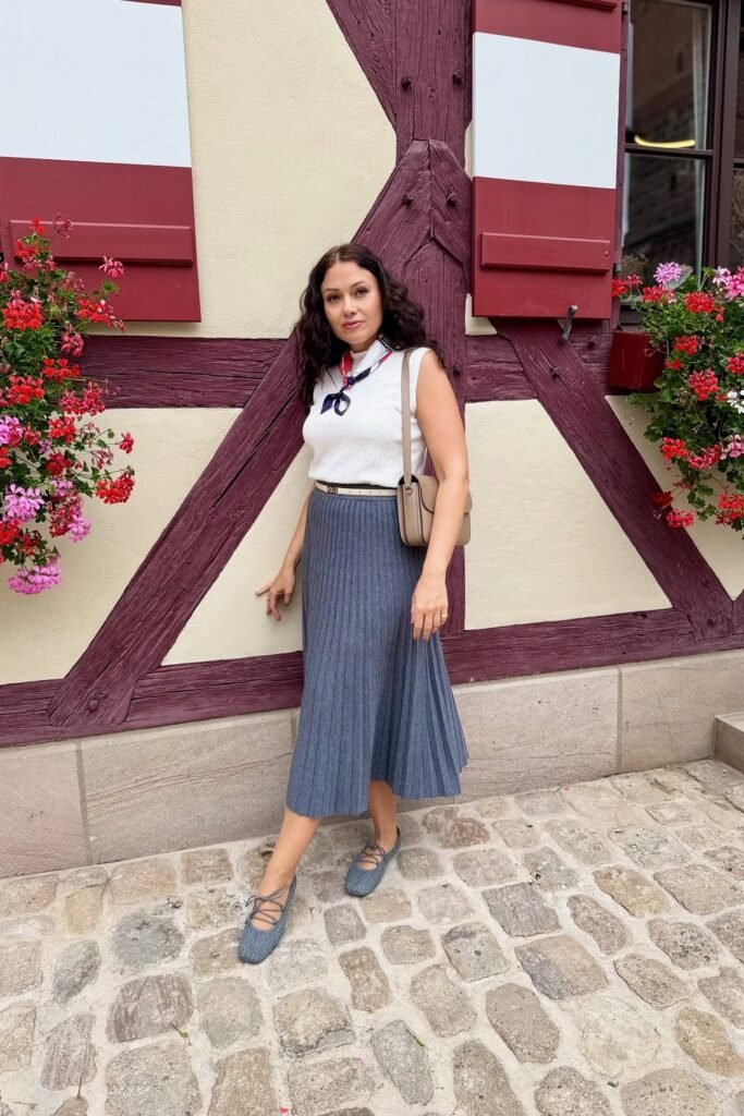 White Sleeveless Knit Top + Blue Pleated Midi Skirt + Blue Lace-Up Flats