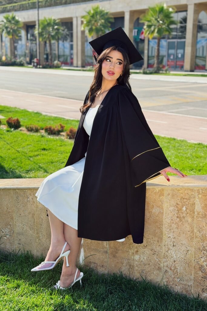 White Sleeveless Midi Dress + Black Graduation Gown and Cap + White Mesh Slingback Heels