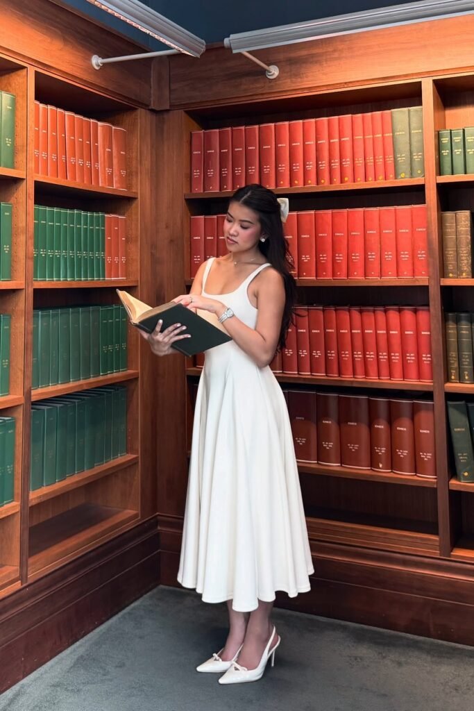 White Sleeveless Midi Dress + White Bow Hair Clip + White Pointed-Toe Slingbacks