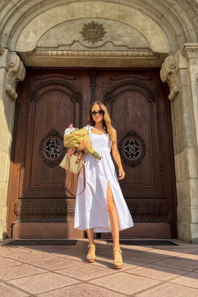 White Sleeveless Midi Dress with Slit + Woven Straw Tote + Tan Platform Sandals