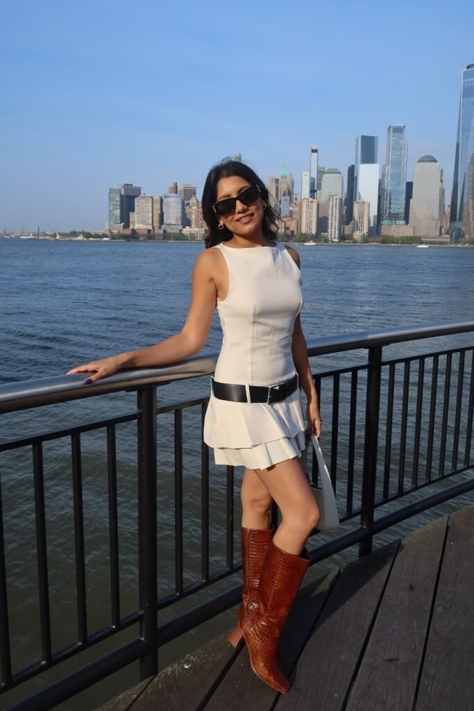 White Sleeveless Mini Dress + Black Statement Belt + Brown Croc-Embossed Tall Boots