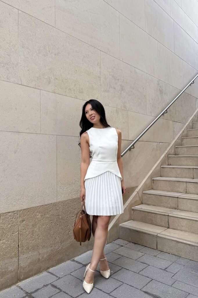White Sleeveless Peplum Top + White Pleated Mini Skirt + Cream Pointed Heels