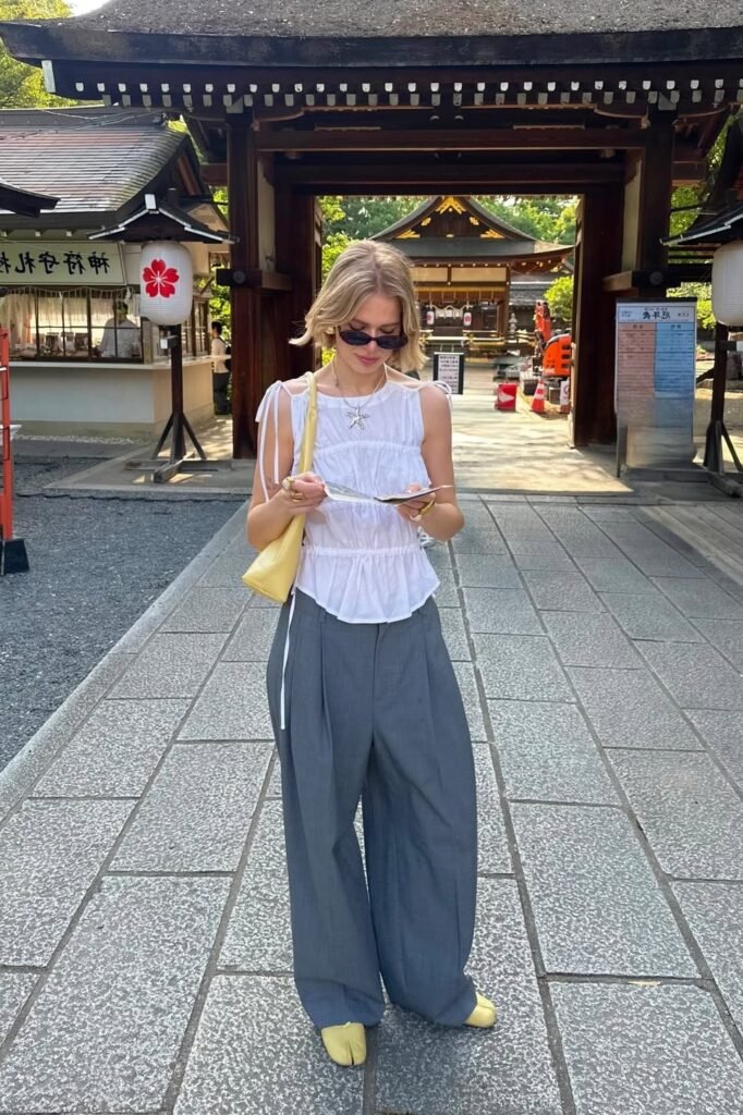 White Sleeveless Ruched Top + Charcoal Grey Oversized Trousers + Yellow Tabi Flats
