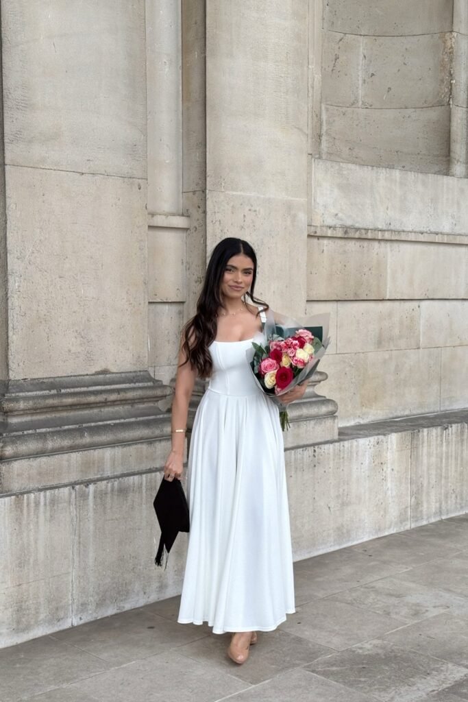 White Square-Neck A-Line Dress + Nude Pointed Heels + Graduation Cap & Bouquet