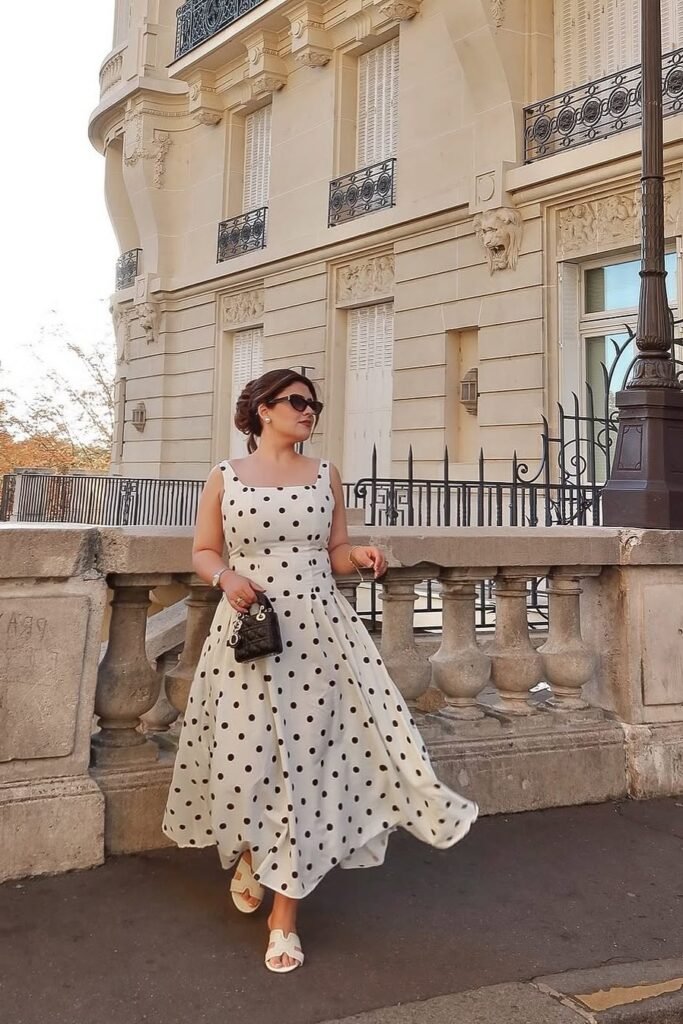 White Square-Neck Polka Dot Maxi Dress + Mini Black Top-Handle Bag + White Cut-Out Slide Sandals