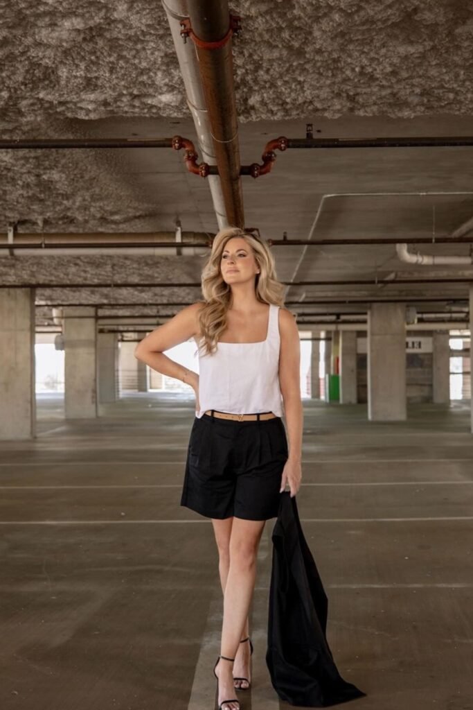 White Square-Neck Tank Top + Black Tailored Shorts + Black Strappy Heels
