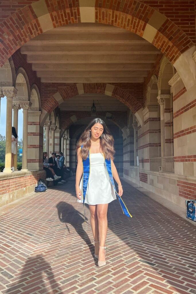 White Strapless Mini Dress + Blue & Gold Graduation Sash + Nude Pointed-Toe Heels