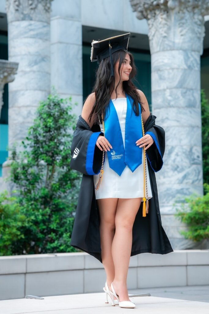 White Strapless Mini Dress + Blue Graduation Stole & Cap + White Pointed-Toe Slingback Heels