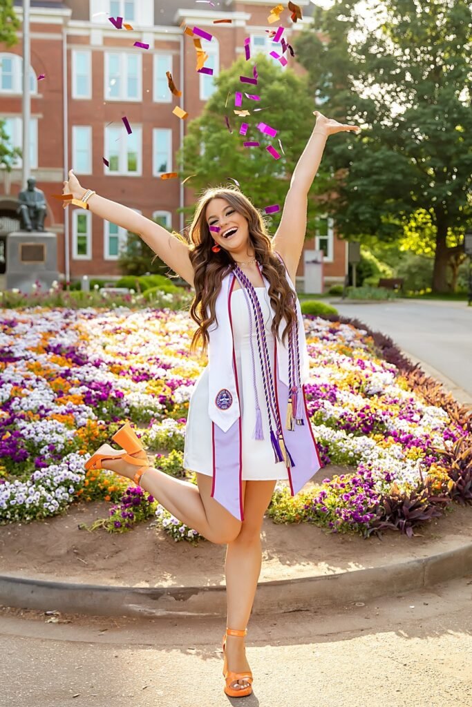 White Strapless Mini Dress + Graduation Stoles + Orange Platform Heels