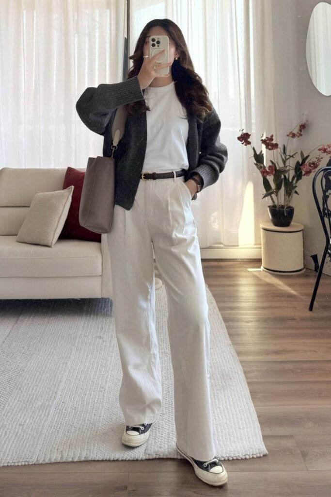 White T-Shirt + Dark Grey Cardigan + White Wide-Leg Trousers + Black and White Canvas Sneakers