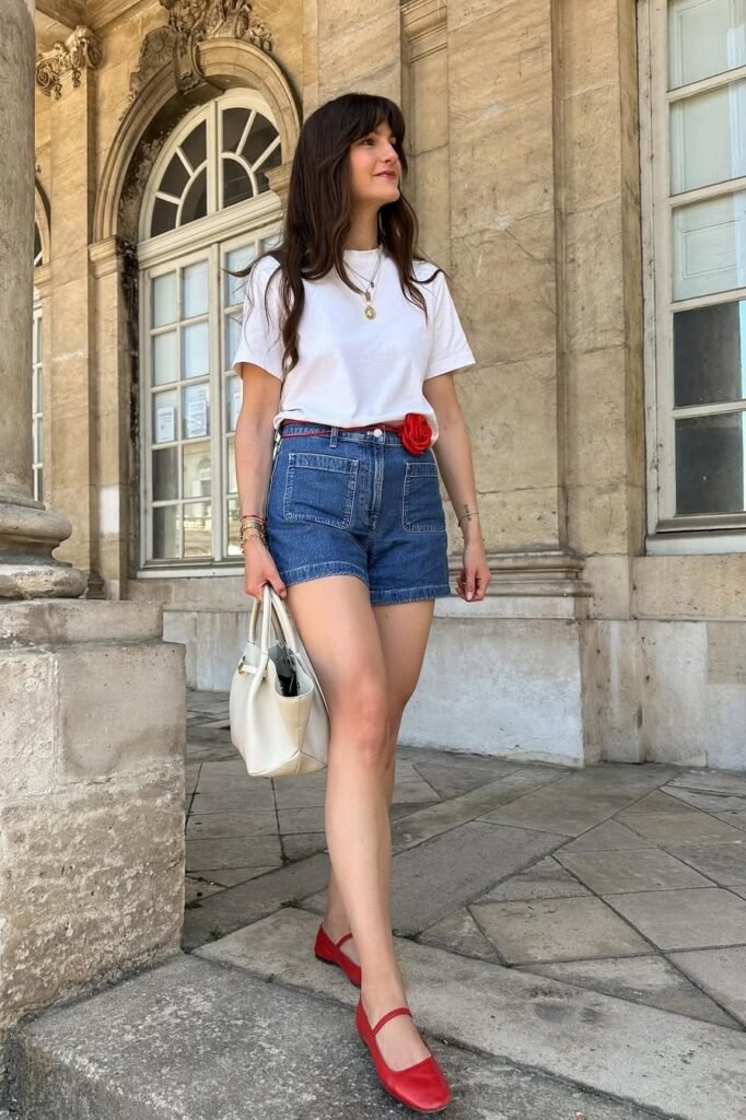 White T-Shirt + Denim High-Waisted Shorts + Red Mary Jane Flats